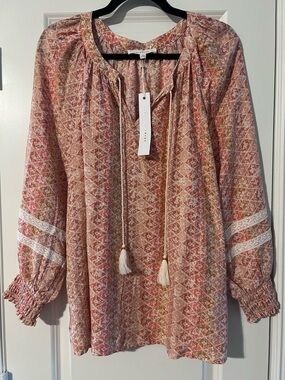 Soft Pink Patterned Peasant Blouse with Tassel Tie